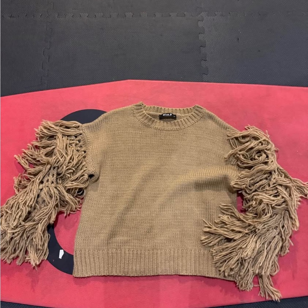 Fringe Sleeve Tan Sweater